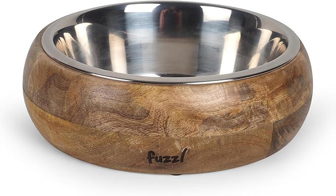 Titan Mango Wood & Stainless Steel Bowl 9.5 Inch Large - Natural Dog Bowl for Indoors and Outdoors with Rubber Base