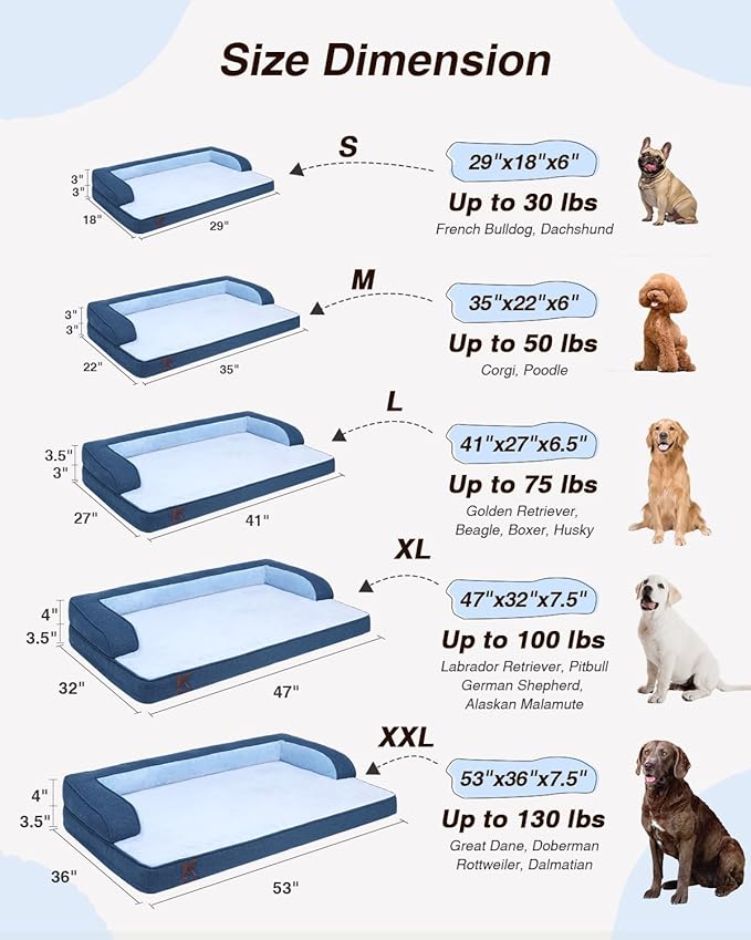 KSIIA Washable Dog Bed Medium Size Dog U-Shaped Bolster Pet Couch with Removable Waterproof Cover, Non-Slip Bottom and Egg-Crate Orthopedic Foam Pet Bed, 35 x 22 Inch, Blue