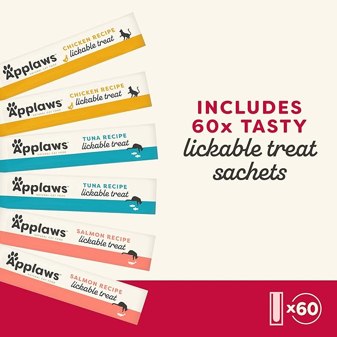 Applaws Lickable Holiday Cat Treats, Natural Grain-Free Purée, Made with Limited and Natural Ingredients, No Artificial Additives, Chicken, Tuna & Salmon Squeeze Up Cat Treats (60 x 0.5 oz Sachets)