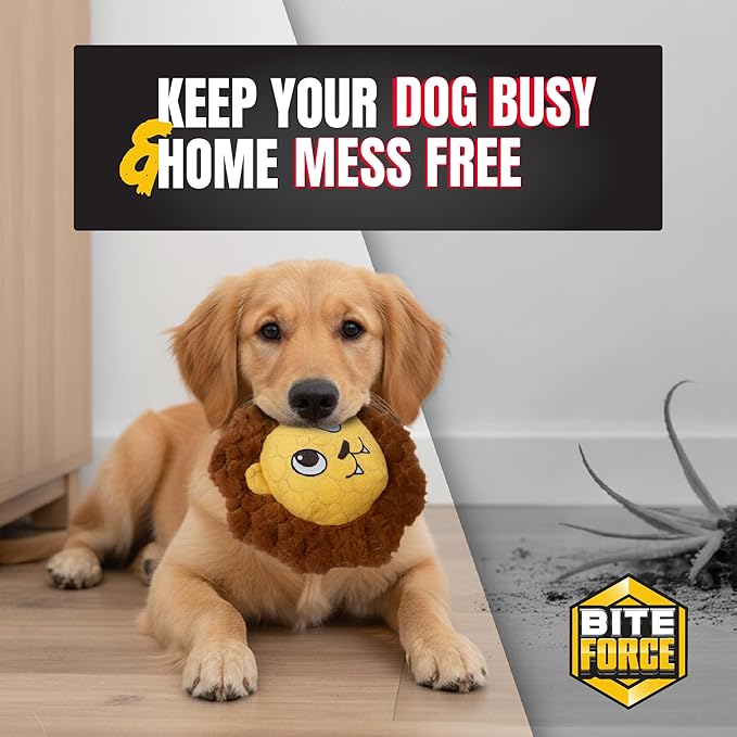 Bite Force -Durable & Strong Dog Toy Mighty Leo with Squeaker, Kevlar-Reinforced for Aggressive Chewers for Small Medium Large Dogs - Yellow.