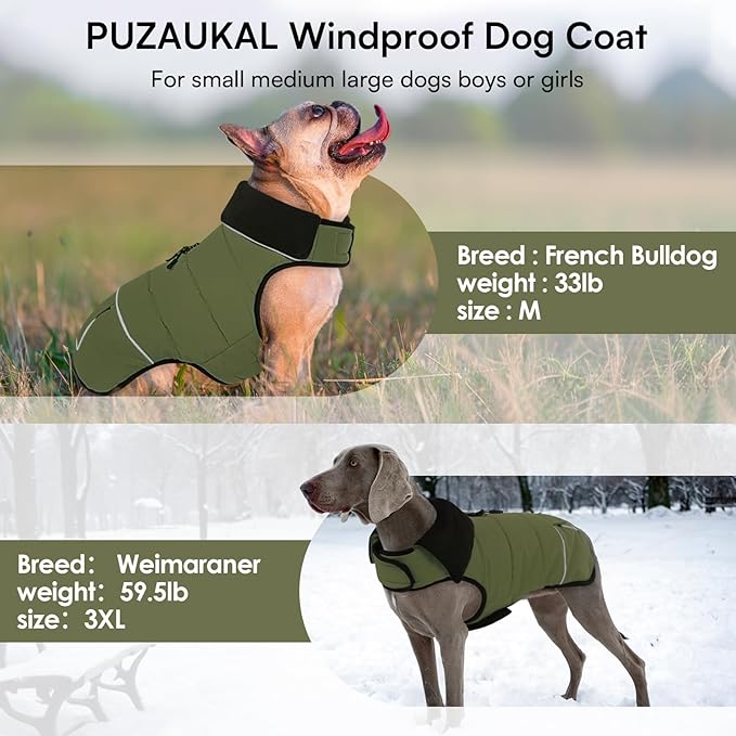 Dog Coat, Small Medium Dog Jacket, Windproof Dogs Puffer Jacket, Fleece Lined Warm Dogs Winter Coat with Harness Hole (Army Green L)