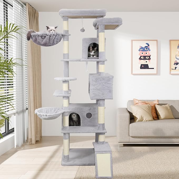 84.6in Cat Tree, Patent Fabric Multilevel Cat Tower for Adult Cats, Climbing Tree House and Towers with Condo Hammock Scratching Post Large Platform Wide Base (Light Gray, 84 in)