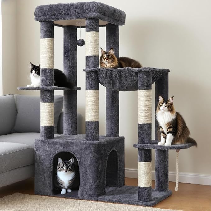 Heybly Heavy Duty Cat Tree, Tower for Indoor Cats large adult, Tall Cat Condo House with Extra-Large Baseboard, Multi-Level Plush Furniture with Scratching Posts, Hammock,Toy Balls, Smoky Gray HCT026G