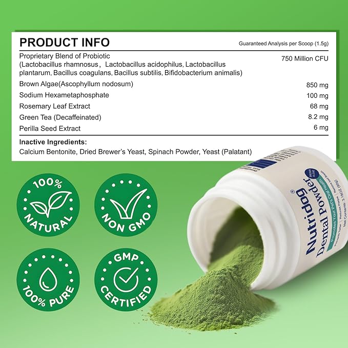 Dog Teeth Cleaning Powder,Dog Dental Powder,Breath Freshener with Probiotics & Brown Algae-Targets Tartar & Plaque Remover & Bad Breath,90g Pet Dental Care Supplement for Dogs & Cats