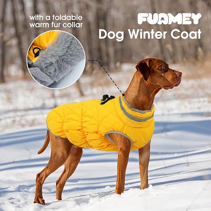 FUAMEY Dog Coat for Large Dogs,Waterproof Dog Winter Jacket with Harness Built in Puppy Cold Weather Coats Reflective Pet Vest with Zipper Warm Fleece Dogs Snowsuit Windproof Yellow 3XL