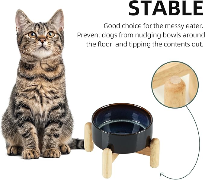 Ceramic 5.1inch Raised Dog and Cat Bowl Set, Elevated with Wooden Stand, Food and Water Bowl for Small Breed Dogs, Cats, Kitty, Weighted Dog Dishes, Pet Bowls(13.5oz, Starry Sky)