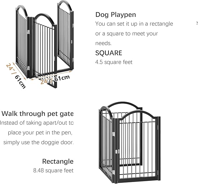 BHG Metal No-Assembly Freestanding Dog Gate with Door Walk Through, Extra Wide 72", Extra Tall 32" Pet Gate, Accordion Puppy Folding Playpen Dog Fence, with 2PCS Support (Black, 3 Panels)