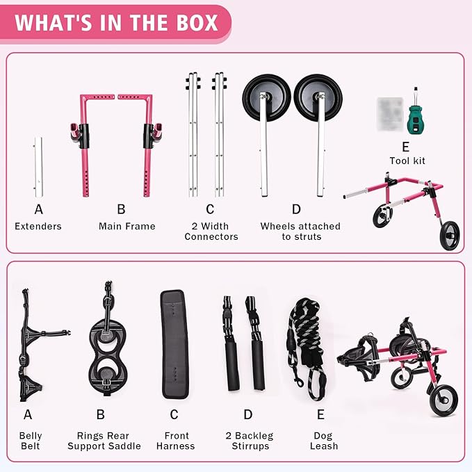 Wheelchair for Dogs, Pet Baby Adjustable Dog Wheelchair for Back Legs with Dog Leash, Lightweight Doggie/Doggy Carts with Wheels for Small Pets Hind Limbs, Disabled Hind Legs Walking Stable, Pink, XS