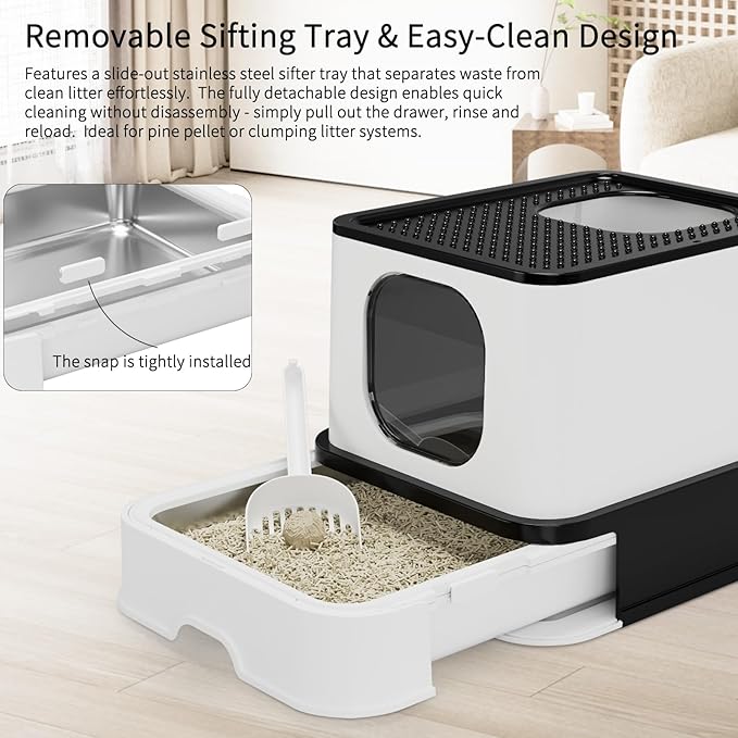 RIZZARI Stainless Steel Cat Litter Box: Large Leak-Proof Odor-Free Design - XL Size Black - for Indoor Cats Pet Owners Solution