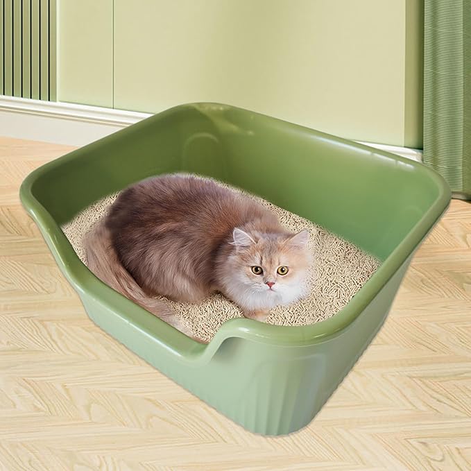 Large Cat Litter Box with High Sides,17.5"x15"x8.9" Open Top Cat Litter Pan Anti Splashing Non-Stick Litter Tray Low Entry Cat Litter Boxes Jumbo Kitty Litter Toilet Easy Clean for Cats(Green)