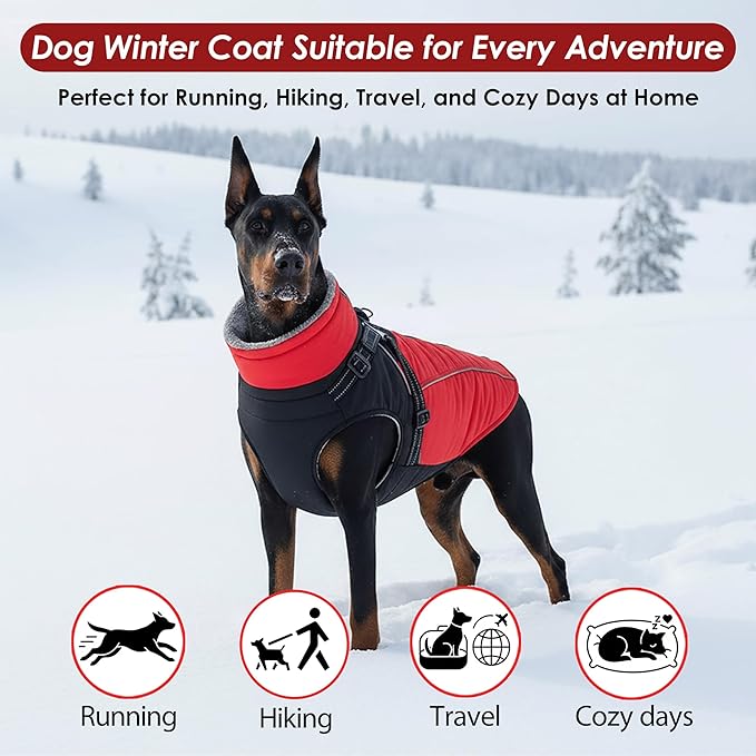 ASENKU Reflective Dog Coat with Built-in Harness, Windproof Fleece-Lined Dog Jacket for Small, Medium, Large Dogs, Warm Winter Vest with Turtleneck & Zipper (Red XL)