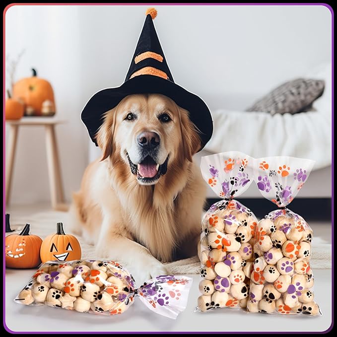 Blulu 100 Pieces Dog Treat Bags Puppy Party Favor Pet Paw Cone Cellophane Bags Candy Heat SealableDog Paw Gift with 100 Pieces Silver Twist Ties for Pet Cat Treat Party Favor(Orange, Black, Purple)