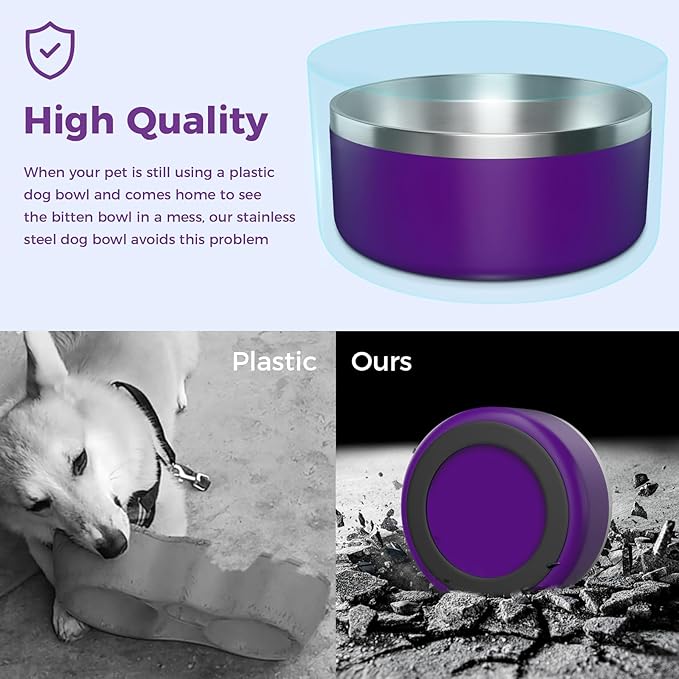 Dog Bowl, Stainless Steel Dog Food and Water Bowl with Non Slip Quiet Bottom, Easy to Clean, Dishwasher Safe, 64oz, Purple