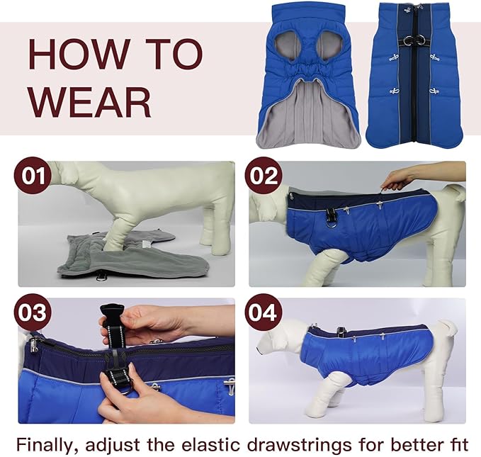 Dog Coat - Warm Zip Up Snowsuit for Large Dogs, Reflective, Water-Resistant, Royal-Blue