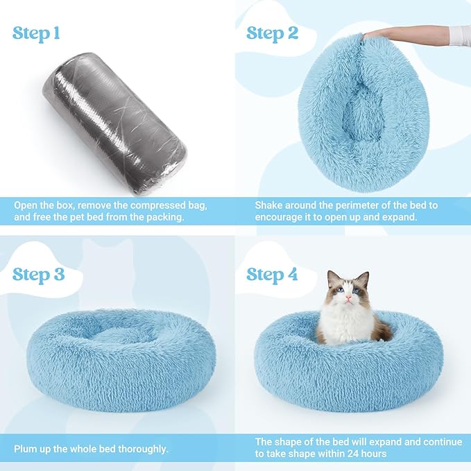 rabbitgoo Cat Beds for Indoor Cats, 20 inches Cat Bed Machine Washable, Fluffy Round Pet Bed Non-Slip, Calming Soft Plush Donut Cuddler Cushion Self Warming for Small Dogs Kittens, Light Blue, Medium