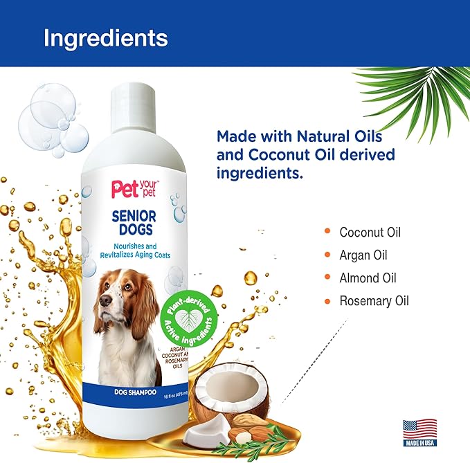 Natural Shampoo for Senior Dogs – Nourishes and Revitalizes Aging Coats with Argan and Coconut Oil for Dry and Sensitive Skin – Hydrating & Soothing Grooming Formula - 16 oz
