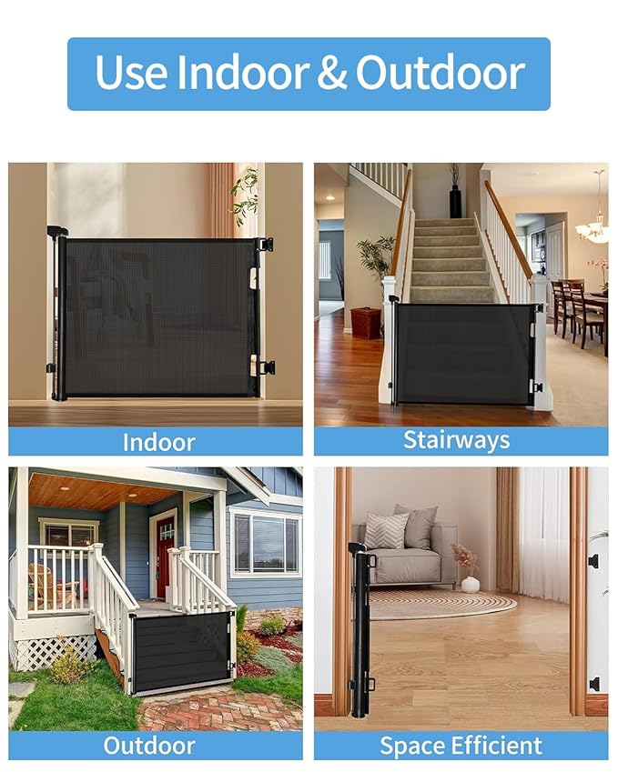 Retractable Baby Gate for Doorways and Stairs, Mesh Safety Gate for Pet, Indoor & Outdoor Use, One-Hand Operation, Easy Installation, 33.6" Tall, Expands to 71" Wide(Black,33.6"x71")