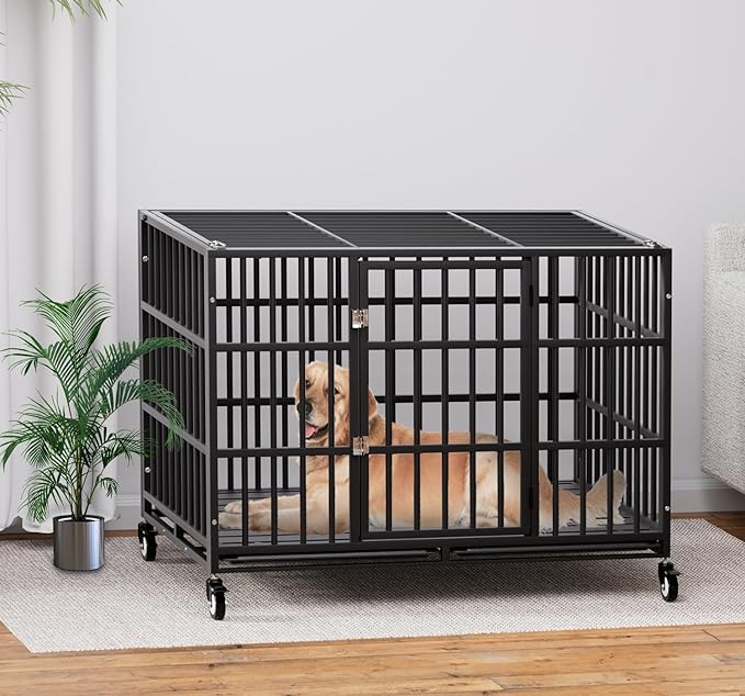 48 Inch Heavy Duty Dog Crate with Wheels,Indestructible Escape-Proof Dog Kennel with Locking Latch and Double Door,Extra Large XL XXL Crate Indoor for Large and Medium Dog with Removable Tray