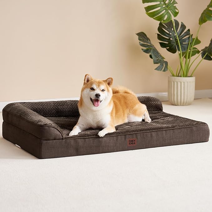 EHEYCIGA Memory Foam Dog Bed Large Sized Dogs, Waterproof Dog Bed Orthopedic with Washable Removable Cover, Non-Slip Pet Bed Couch, 36x27x6 Inches, Brown