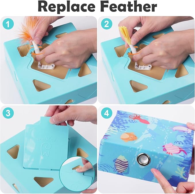 Migipaws MigiBox Cat Toy with PopSkin, Interactive Kitten Toy for Indoor Cats, Automatic Pop Out Feathers from 7 Holes Randomly, Pounce Mystery Under Cover to Stimulate Bored Furry, Rechargable