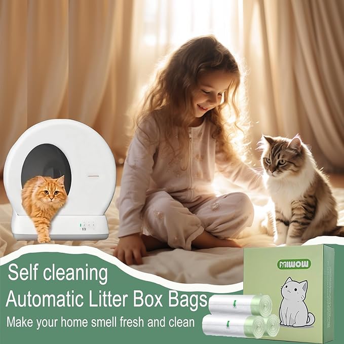 60 Count Miwow Strong Cat Liner for Automatic Litter Box, Leak-Proof & Odor-Proof Litter Box Liners Replacement Waste Bags, Compatible for Meowant and More Self-Cleaning Boxes (3 Rolls)