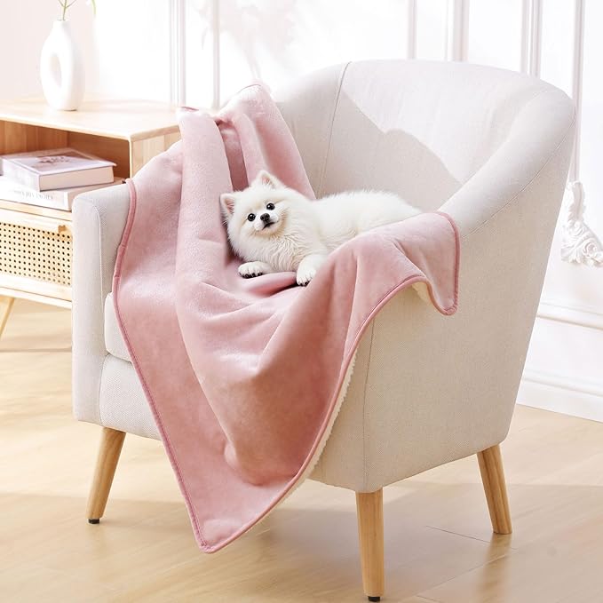 Smiry Waterproof Dog Bed Blanket, Leakproof Pet Throw Blanket for Bed Couch Sofa, Reversible Sherpa Fleece Furniture Protector Cover for Small Medium Large Dogs Cats (Dusty Pink, 32x40 inches)