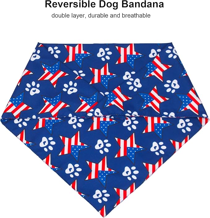 ADOGGYGO American Flag Dog Bandana, Multiple Sizes Offered, Reversible Red Blue Flag Star Scarf, Patriotic 4th of July Bandanas for Medium Large Dogs (Large)