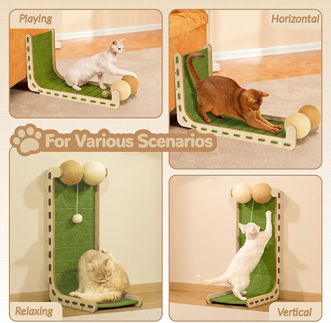 Cat Scratcher Felt Cat Scratch Pad for Cats with Sisal Balls Cat Scratching Board Large Scratchers for Indoor Adult Cat Scratching Furniture Protector Post Toy L Shape 28.4 Inch Green
