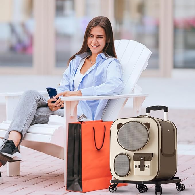 Pet Backpack with Wheels, Comfort Cat Backpack Removable Rolling Wheels, Pet Rolling Carrier, Dog Backpack Great for Travel/Hiking/Outdoor Use(Brown)