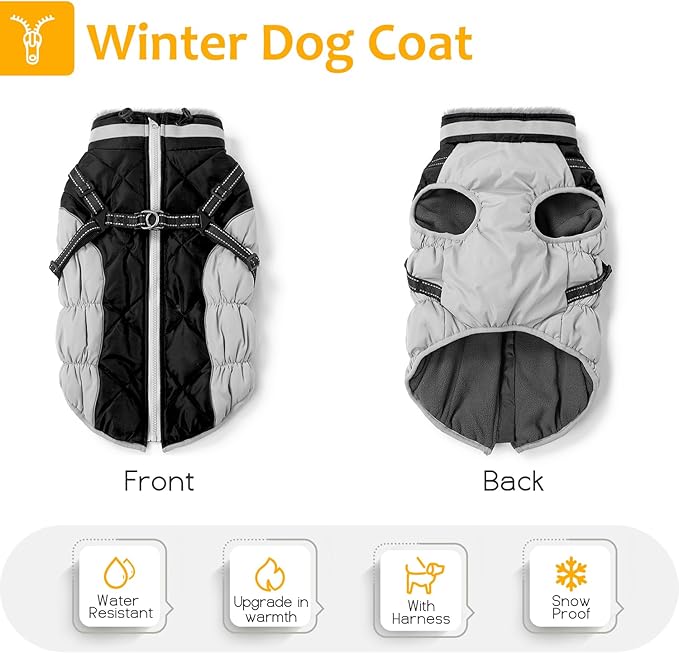 Dog Winter Coat with Harness, Dog Jacket, Pet Clothes with Zipper on Back, Waterproof Windproof Warm Vest, Reflective Cold Weather Coats, for Small Medium Large Dogs, Thick, Black, XL