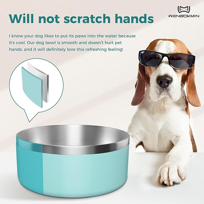 Dog Bowl, Stainless Steel Dog Food and Water Bowl with Non Slip Quiet Bottom, Easy to Clean, Dishwasher Safe, 64oz, Mint Green