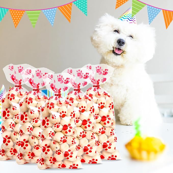 Blulu 100 Pieces Dog Treat Bags Puppy Party Favor Pet Paw Cone Cellophane Bags Candy Heat SealableDog Paw Gift with 100 Pieces Silver Twist Ties for Pet Cat Treat Party Favor(Red)