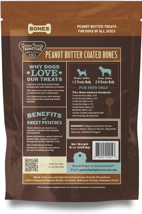 Gaines Family Farmstead Peanut Butter Coated Sweet Potato Dog Bones – 8 oz Bag, Grain-Free, Chewy, Natural Dog Treats for Digestion, Skin, Energy & Immunity – Limited Ingredient, Made in USA