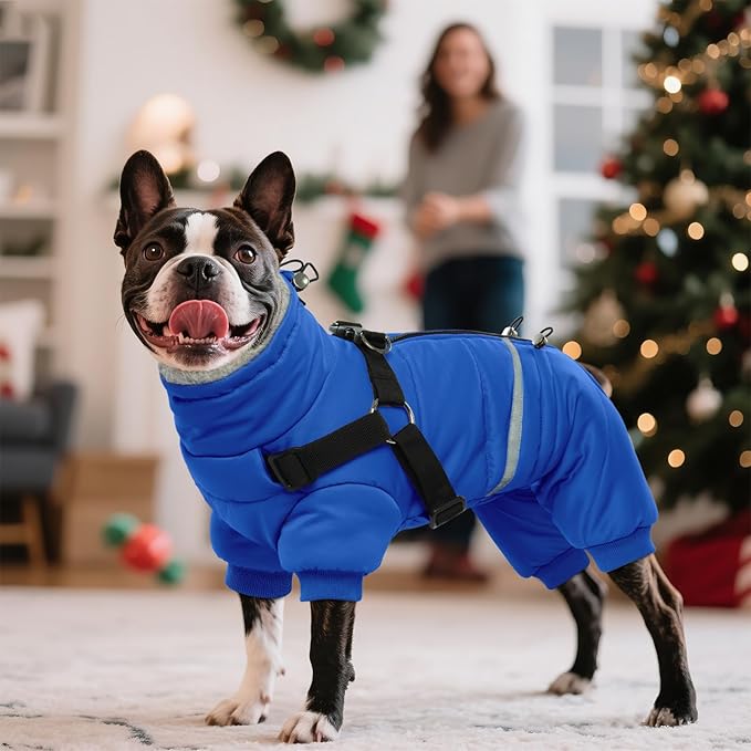 BRKURLEG Blue Dog Winter Coat, Cozy Winter Dog Jackets, Small Dogs Coat with Harness, Onesie Body Warm Puppy Christmas Jacket, Pet Reflective Cold Weather Jackets, Puppy Four-Legged Puffer Coats,L