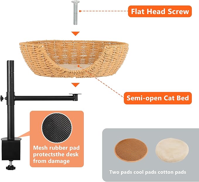 Dollate Cat Desk Bed,Paper Rope Material,Height Adjustable and 360°Rotating,Suitable for Cats up to 45 pounds,Cat Furniture for Office Desks,Game Tables