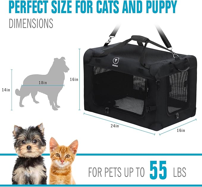 Extra Large Cat Carrier for Car Travel, Pegic Soft Sided Collapsible Pet Carrier for Outdoor and Indoor Uses, Roomy Cat Carrier for 2 Kittens, Large Cat or Puppies Up to 50lbs (Black)