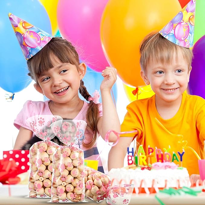 Blulu 100 Pieces Dog Treat Bags Puppy Party Favor Pet Paw Cone Cellophane Bags Candy Heat SealableDog Paw Gift with 100 Pieces Silver Twist Ties for Pet Cat Treat Party Favor(Pink)