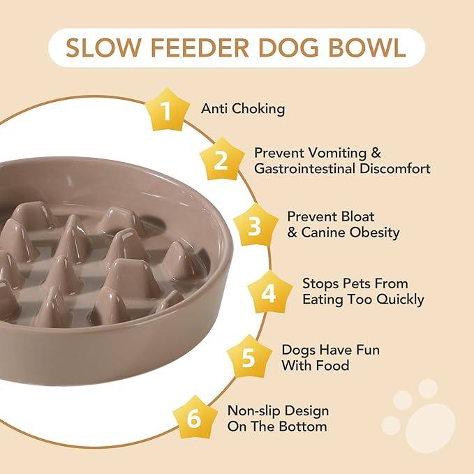 Ceramic 9.5 inch Dog Bowl Slow Feeder, Slow Pet Food Dish for Large Dog, Stop Bloat, Preventing Choking(Single Bowl, Brown Coffee)