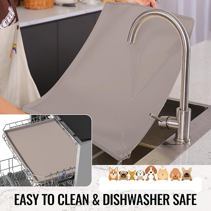 MateeyLife Dog & Cat Food Mat - Waterproof, Nonslip, Raised Edges, Silicone Tray for Messy Drinkers, 18"x12", Taupe