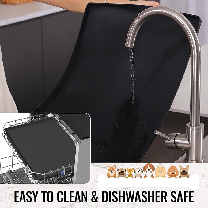 MateeyLife Dog & Cat Food Mat for Floors Waterproof, Nonslip Pet Feeding Mats with Raised Edges, Silicone Matt Tray for Messy Drinkers, 22"x14", Black