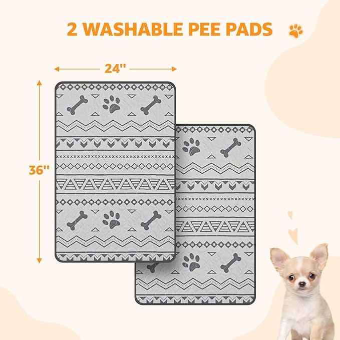 LOOBANI Washable Pee Pads for Dogs: 2-Pack Leak-Proof and Non-Slip Reusable Puppy Pads, Super Absorbent Whelping Pads for Potty Training, Playpens, Crates, Floors, Beds, and Couches, 24x36 in