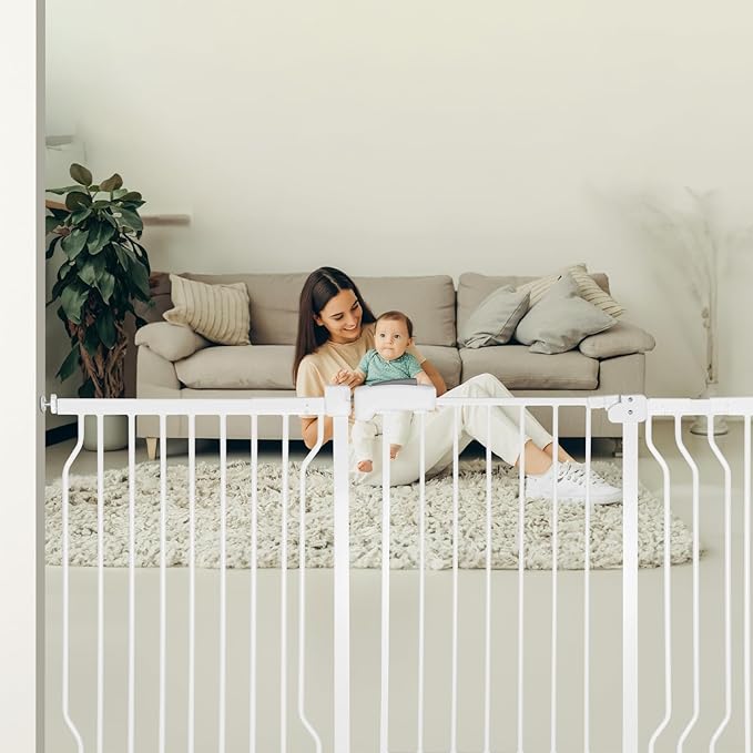 Extra Wide Baby Gate for Stairs Doorways with door, 30" Tall 66.5-75.8" Wide Easy Install Dog Gate indoor, Safety Metal Pressure Mounted Pet Gate with Walk-Thru Auto Close for the House, White
