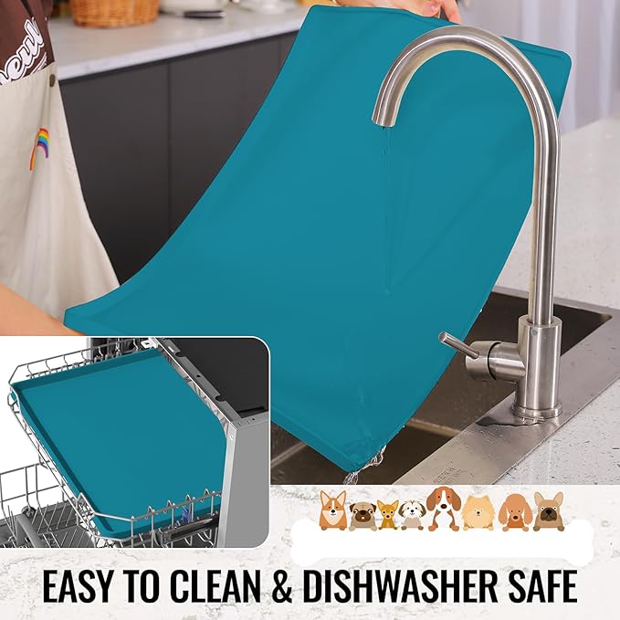 MateeyLife Dog & Cat Food Mat, Waterproof & Nonslip Silicone Feeding Mats for Dogs and Cats, Raised Edge Tray for Messy Drinkers, 24"x16", Teal