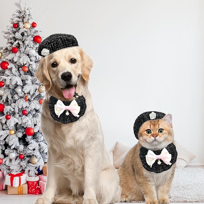 HOWWFALY 2PCS Cat Beret Hat with Small Camellia, Adjustable Satin Bowtie Bandana Scarf Set Pet Princess Costume for Halloween Christmas, Cat Dog Birthday Party Apparel(Black Bow)