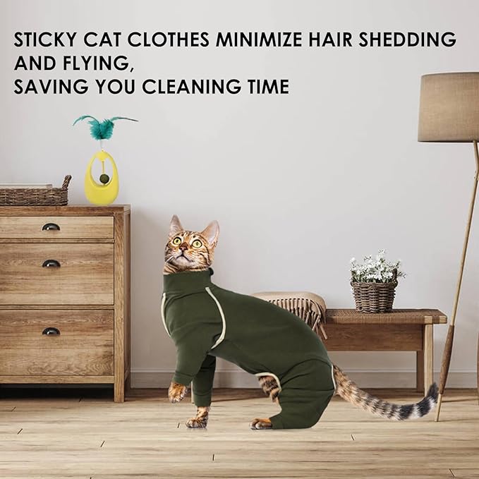 Cat Onesie - Army Green, XXL - Prevents Hair Loss, Sticky Hair Clothes, Pajamas for Cats Only, Hairless Cat Clothes, After Surgery Female, Recovery Long Sleeve