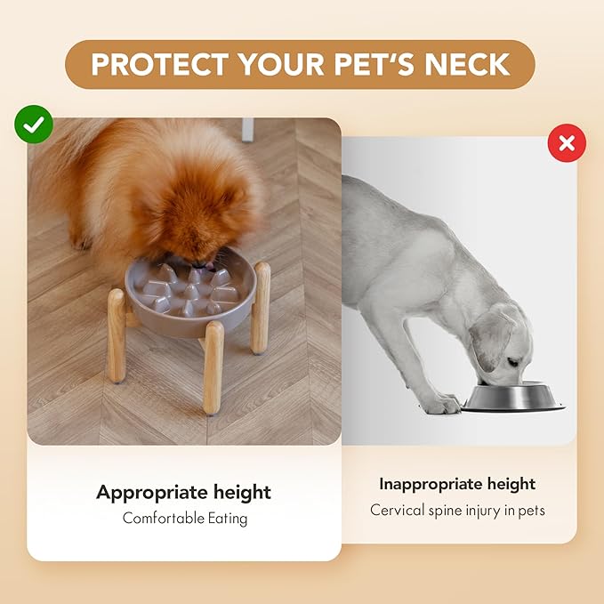 7.3inch Ceramic Dog Raised Slow Feeder Set, Elevated Bowl with Wooden Stand for Medium and Small Dog, Slow Feeder Dish for Fast Easters(Brown Coffee, Single Bowl+ Stand)