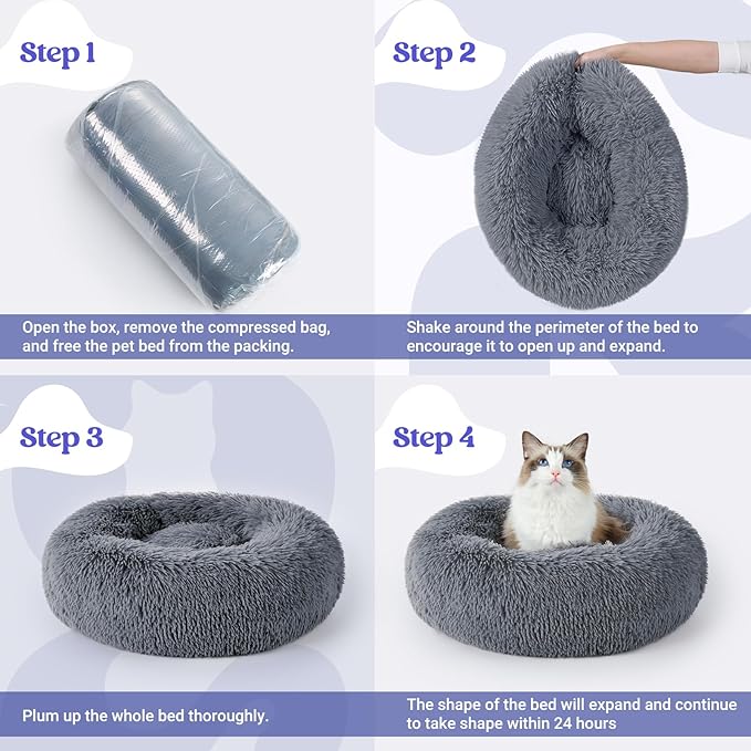 rabbitgoo Cat Beds for Indoor Cats, 20 inches Cat Bed Machine Washable, Fluffy Round Pet Bed Non-Slip, Calming Soft Plush Donut Cuddler Cushion Self Warming for Small Dogs Kittens, Dark Grey, Medium