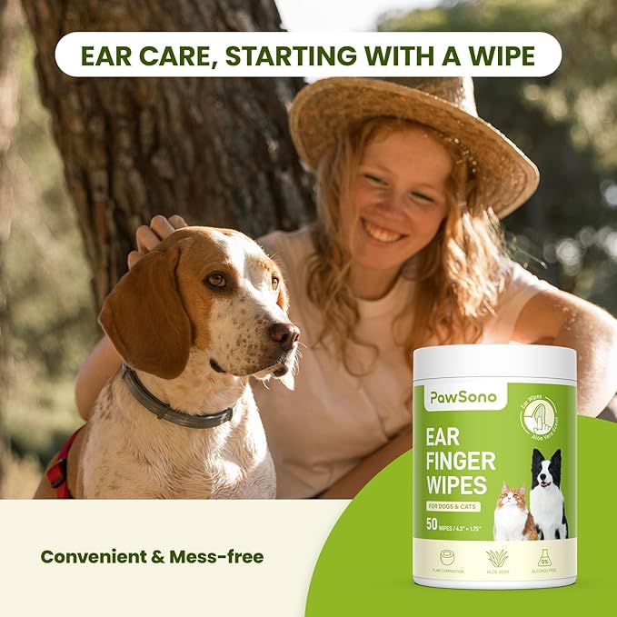 Ear Finger Wipes for Dogs & Cats, Thicker Dog Ear Cat Ear Cleaner Wipes, Natural Relief Cat Ear Cleaner Dog, Pet Health Supplies for Dog Kitten Small Animal, Aloe Scent Deodorizing - 50 Count