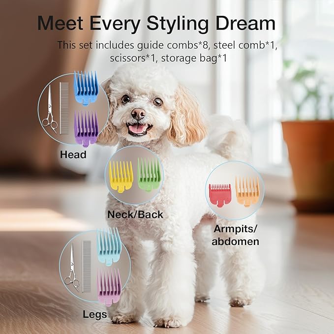 Dog Clippers for Grooming for Thick Coats, Detachable Blade Cordless Rechargeable Professional Pet Grooming Hair Trimmer Shaver Kit with 8 Guide Combs for Dogs Cats Animals