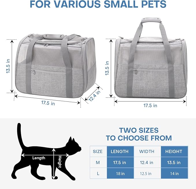 JUNGYOUN Premium Cat Carrier - Pet Carrier for Cat & Small Dogs up to 15lbs - Airline Approved Travel Dog Carrier with Anti-Escape Zippers, Collapsible Travel Bowl & Padded Strap,Grey